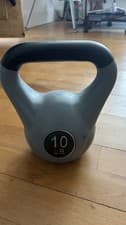 grey 10 lb vinyl-coated fitness kettlebell with a black handle.